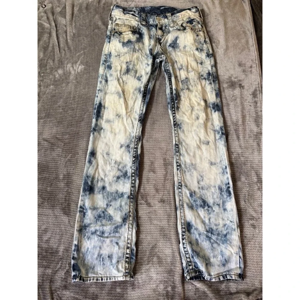 True Religion Mens Acid Wash Straight Leg Denim Jeans Blue White Size 30X33.